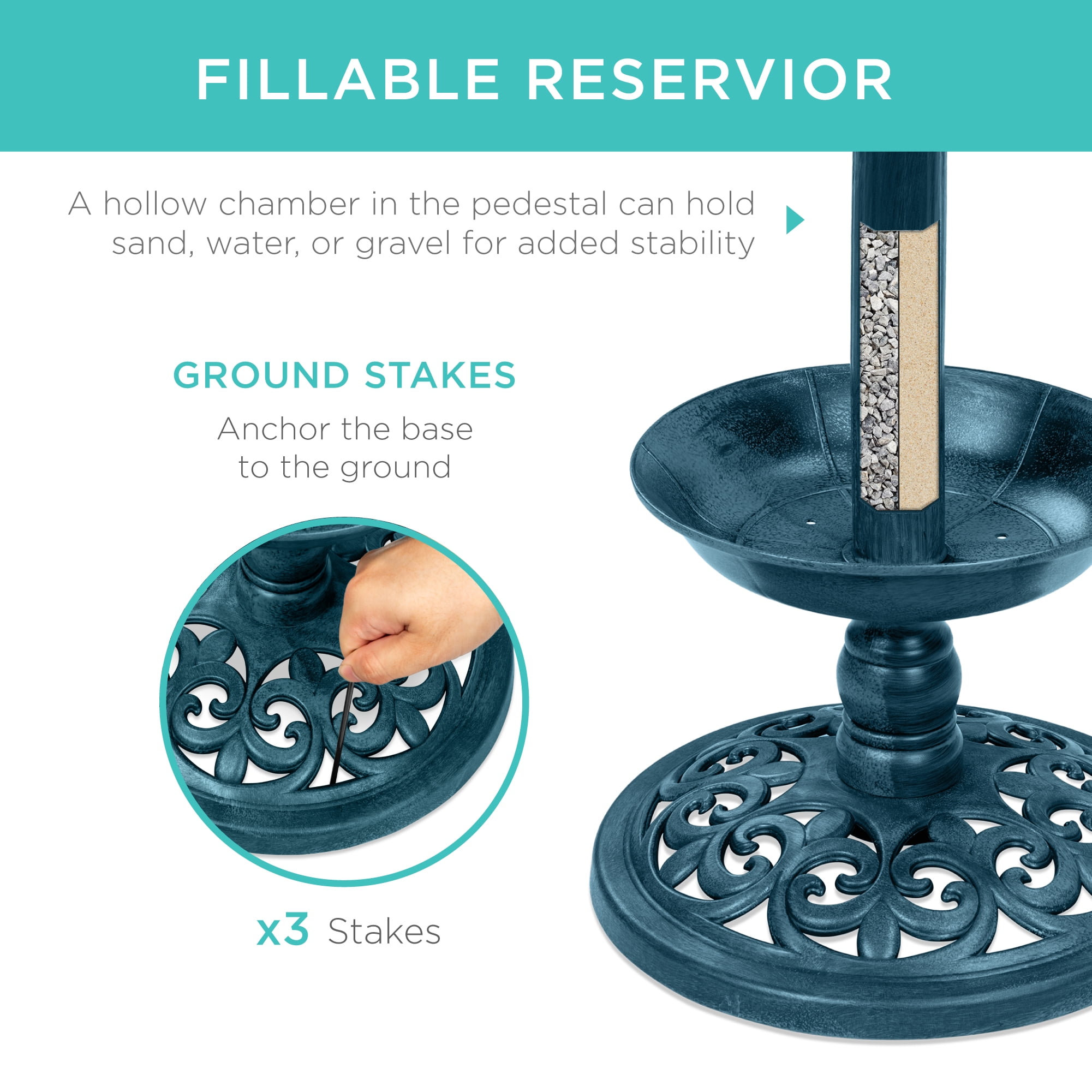 Best Choice Products Solar Lighted Pedestal Bird Bath w/ Planter, Integrated Panel - Peacock Blue
