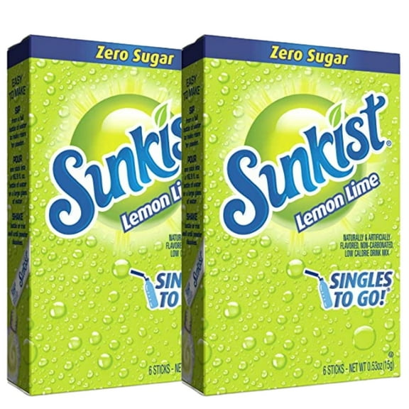 Sunkist Soda Lemon Lime Singles To Go Water Drink Mix, Powder Sticks, Sugar-Free Caffeine-free Non-carbonated Water Enhancer Powder (2 Boxes) - 6 Sachet per Box - 12 Total Servings