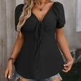 thumbnail image 3 of Womens V-neck Solid Blouses And Tops Short Sleeve Drawstring Shirts And Tops Black,L, 3 of 6