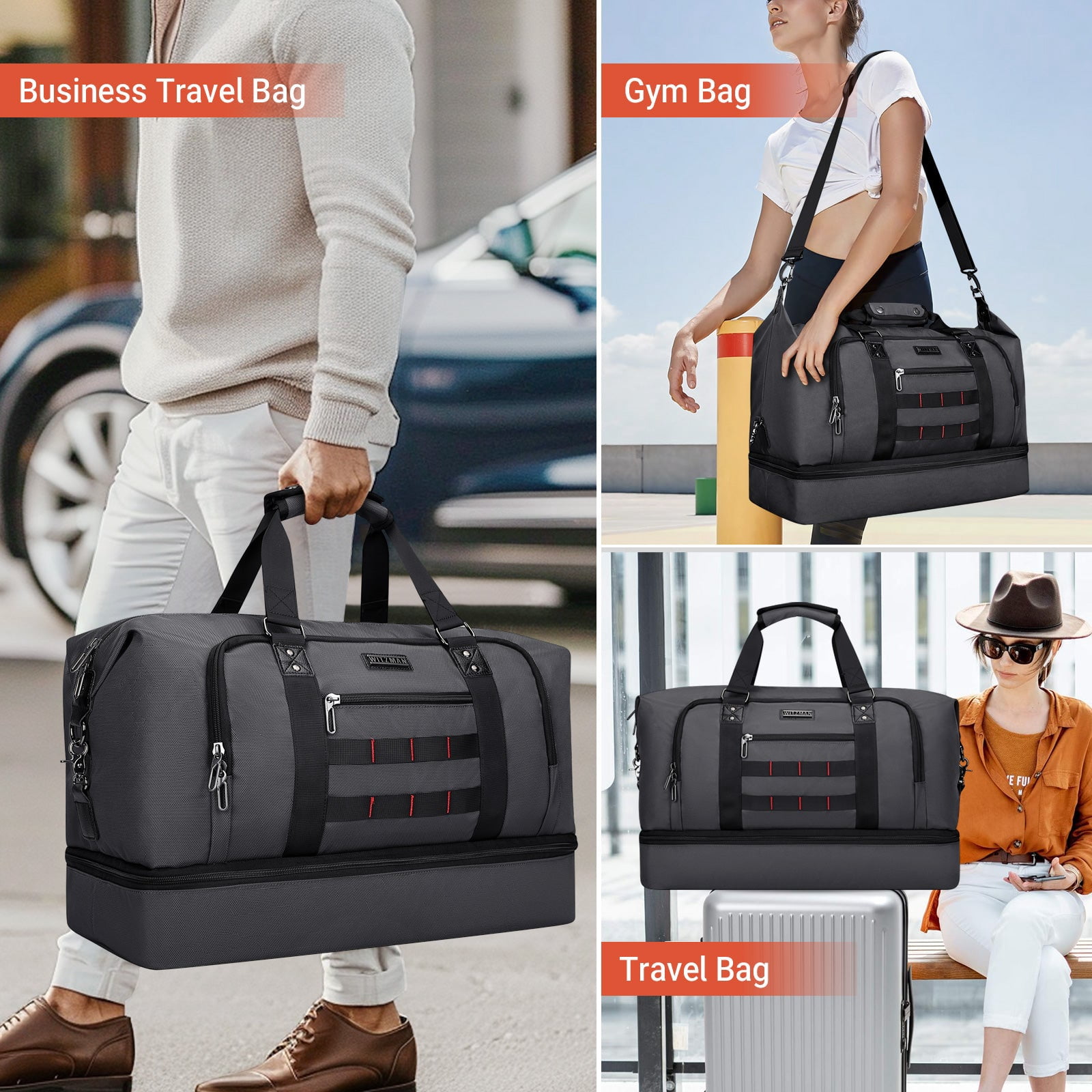 WITZMAN Travel Duffle Bags for Men Weekender Bags with Toiletry Bag Sets Carry on Overnight Bag 55L（B696 Silvery Grey）