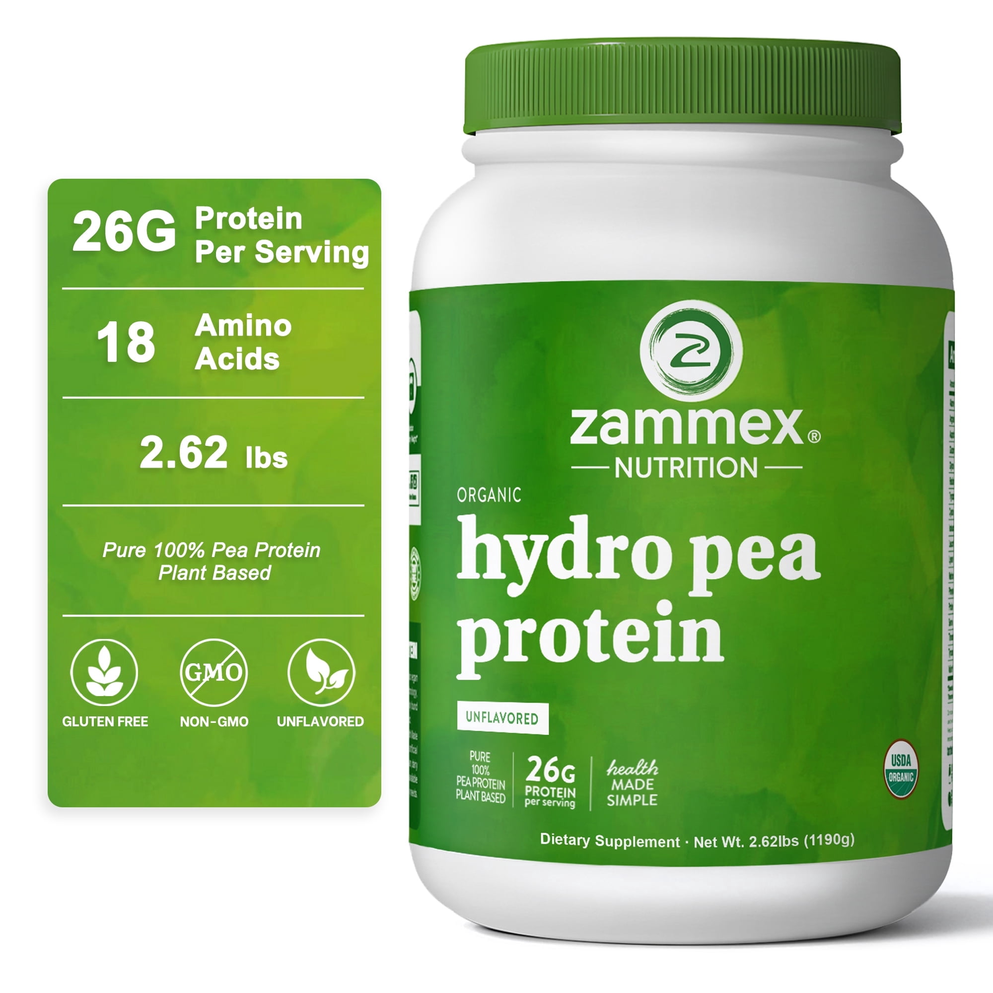 Zammex Organic Hydro Pea Protein Powder, Natural Flavor, Vegan Protein Powder, Plant Based, Certified USDA, 2.62 lbs