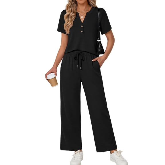 Fantaslook Two Piece Lounge Sets for Women Vacation Travel Outfits Dressy Casual V Neck Short Sleeve Tops Wide Leg Pants Fashion Outfits