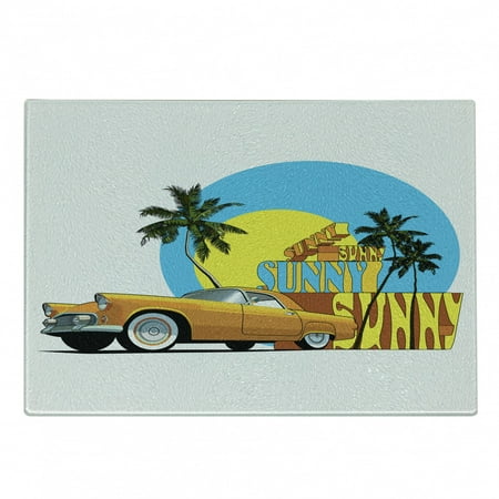 

Retro Cutting Board Vintage Car in Magic City Miami with Exotic Coconut Trees Sunny Day Beach Decorative Tempered Glass Cutting and Serving Board Small Size Yellow Blue Orange by Ambesonne