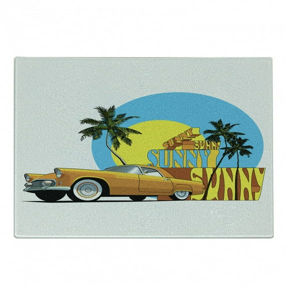 Retro Cutting Board, Vintage Car in Magic City Miami with Exotic Coconut Trees Sunny Day Beach, Decorative Tempered Glass Cutting and Serving Board, Small Size, Yellow Blue Orange, by Ambesonne