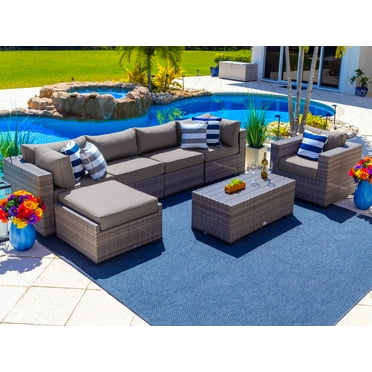 Sorrento 7-Piece Resin Wicker Outdoor Patio Furniture Sectional Sofa Set in Gray w/ Four Sectional Pieces, Ottoman, Armchair, and Coffee Table (Flat-Weave Gray Wicker, Sunbrella Canvas Taupe)