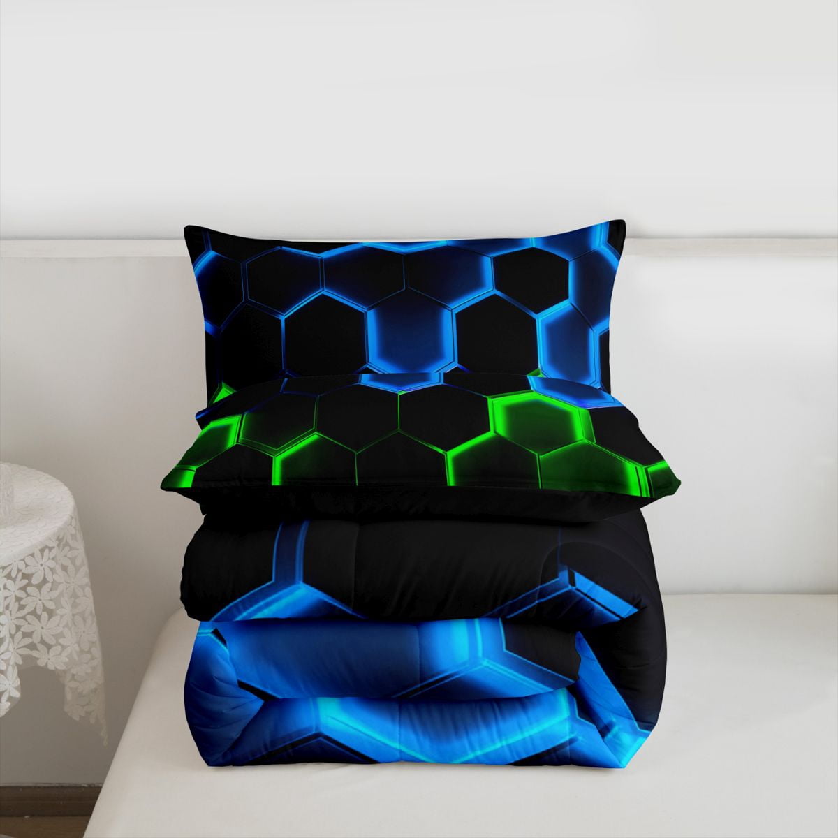 Honeycomb Bedding Comforter Set Twin Size,Geometry Hexagon Theme with Green Blue Neon Lights Quilt Set,Boys Teen Man Chic Creative Home Bedding Set Duvet Insert,Black