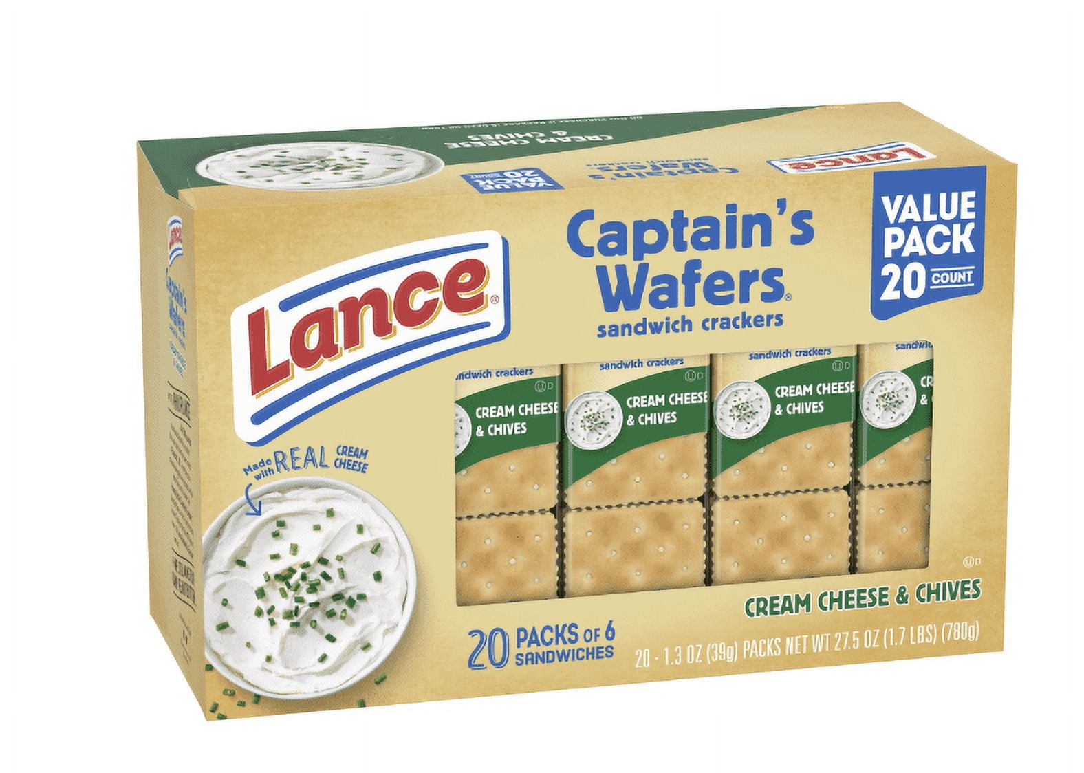 Lance Sandwich Crackers, Captain's Wafers Cream Cheese and Chives, 40 Packs