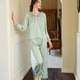 thumbnail image 3 of Defitshape Women's Long Sleeve Pajamas Satin Lounge Set Soft Frill V Neck Cozy Pj Set Green 12, 3 of 4