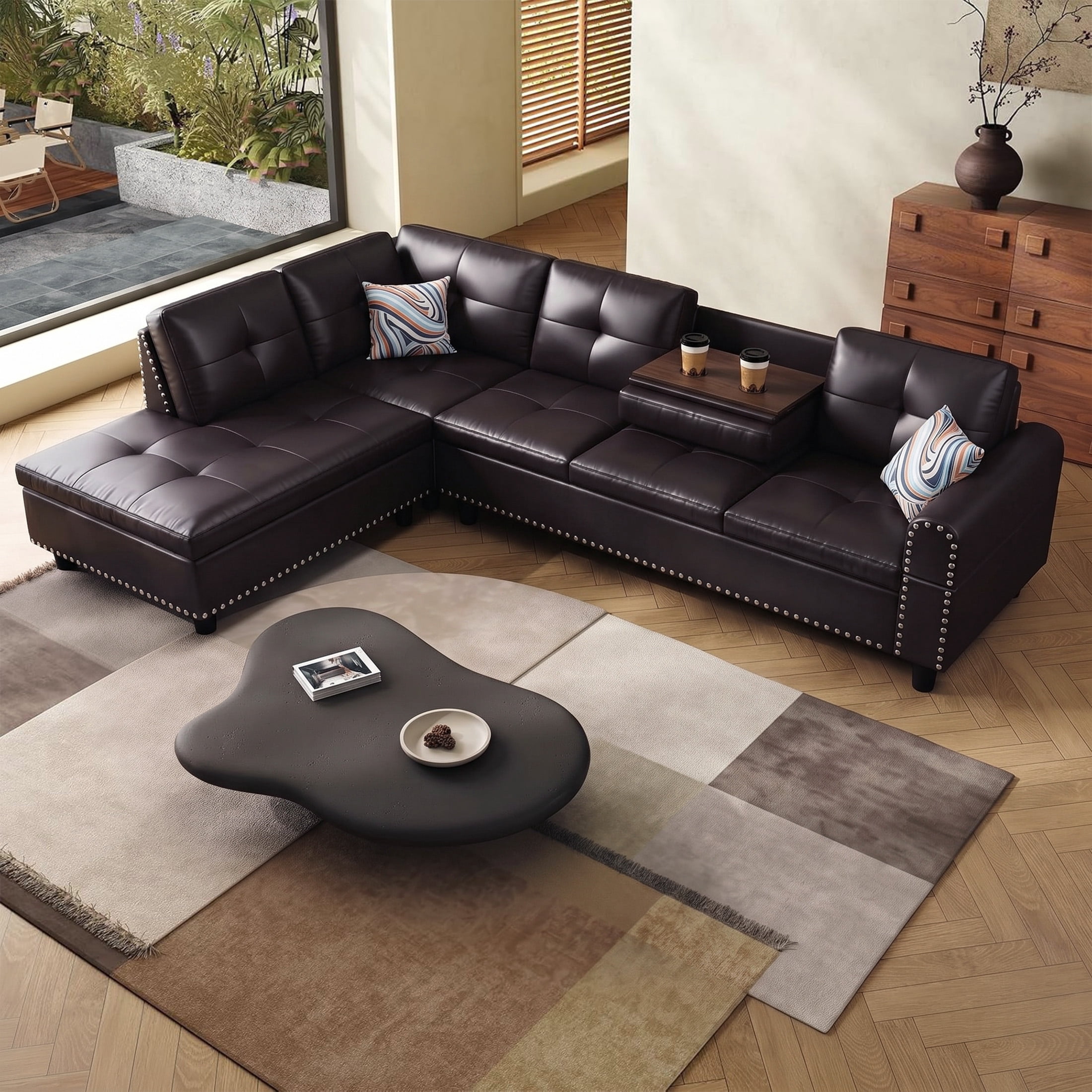 AENKYO 98" L-Shaped Sectional Sofa with Reversible Chaise and Cup Holders, Faux Leather, Brown