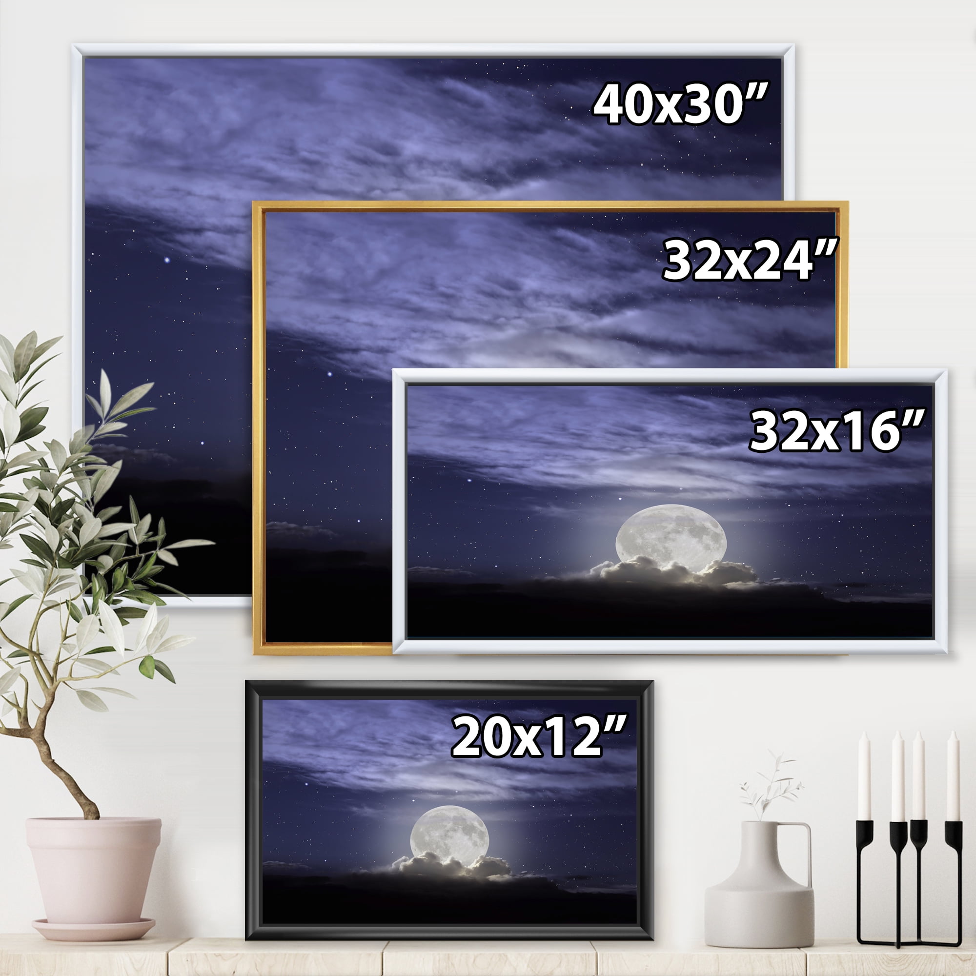 Designart 'Full Moon Rising In A Cloudy Night Sky' Nautical & Coastal Framed Canvas Wall Art Print