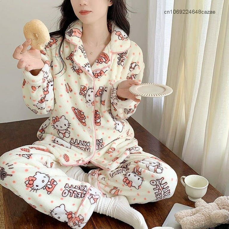 Sanrio Hello Kitty Short Sleeve T-shirts Loose Pants 2 Piece Set Women Cute  Pajamas Y2k Summer Tops Trousers Soft Sleepwear Suit
