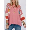 thumbnail image 2 of SHEWIN Womens Tops Spring Summer Boho Shirts Crew Neck Oversized Striped 3/4 Length Sleeve Patchwork Blouse, 2 of 4