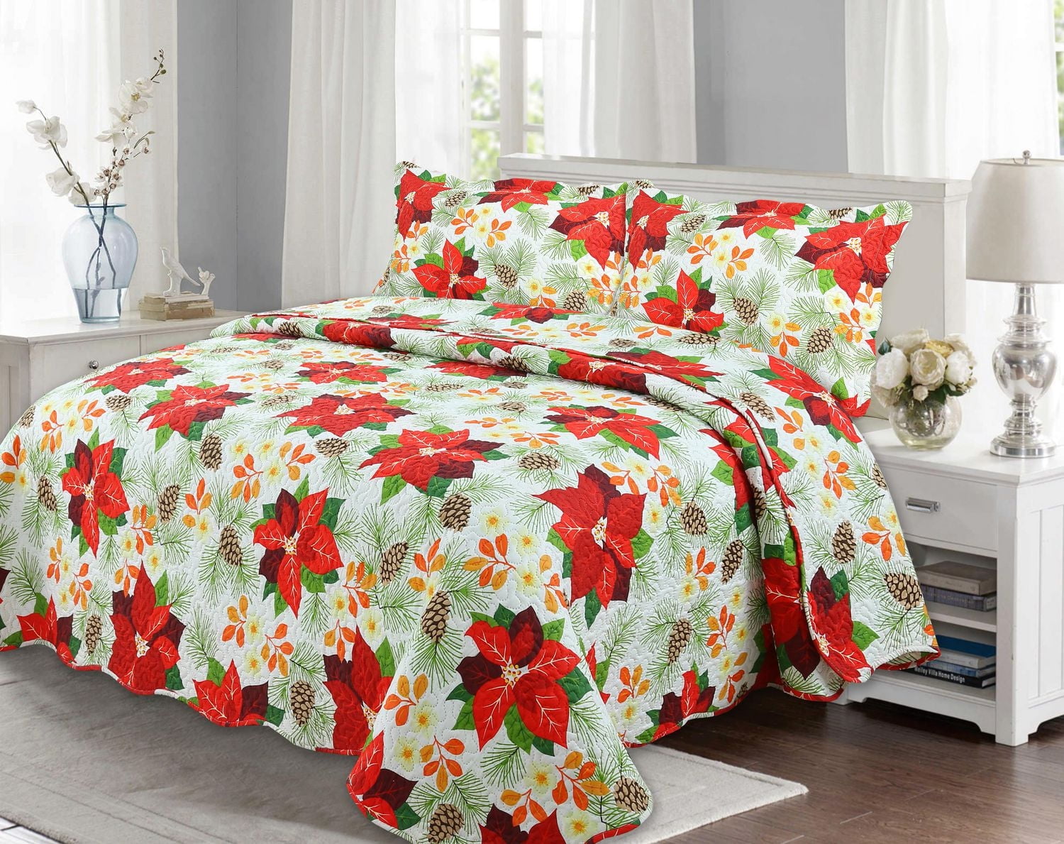 Marina Decoration Rich Printed Embossed Pinsonic Coverlet Bedspread Ultra Soft Bedding Summer Christmas Quilt Set with Shams, Red Poinsettia White Base Pattern