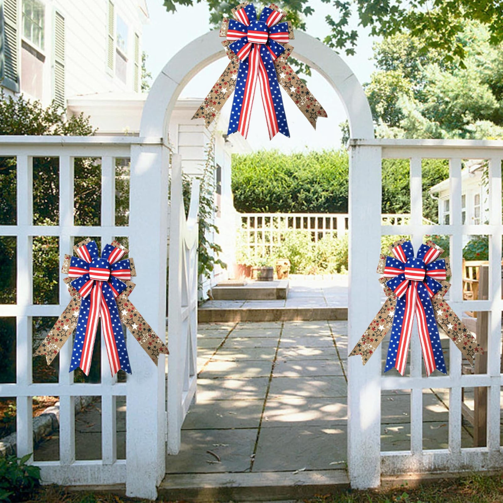 Independece Day Wreath Bows, Patriotic Decor Bows for July 4th Wreath, America Flag Strip Burlap Bow for Front Door Memorial Day, Patriotic Tree Topper Decor Indoor Outdoor Supplies