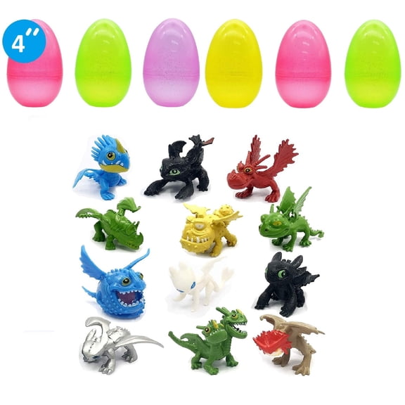6 PCS Jumbo Bright Easter Eggs and 12pcs Set Mini Dragon Figure Night Fury Toothless.