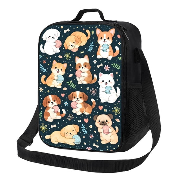 Cute Puppy Cartoon Lunch Bag Insulated Thermal Box with Shoulder Strap & Handle for Work and Picnic