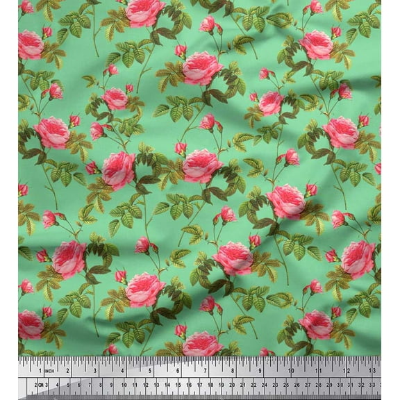 Soimoi Cotton Duck Fabric Leaves & Peony Floral Printed Craft Fabric by The Yard 42 Inch Wide
