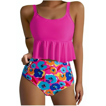 NaWent Reduced Womens Tankini Swimsuits Ruffled Tank Top Tummy Control Floral Modest Swimwear High Waisted Bikini Hot Pink M