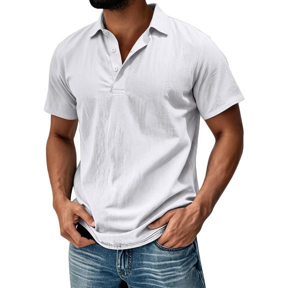 JULMCOMO Cotton Linen Polo Shirts for Men Collared 3 Buttons Short Sleeve Casual Breathable Golf Shirts Summer Classic Tees White 3XL