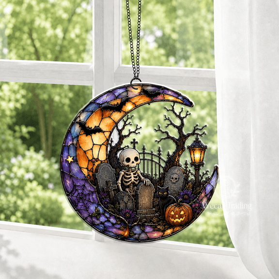 Suncatcher Skeleton Graveyard Crescent Moon Acrylic Window Hanging for Gothic Halloween Decor