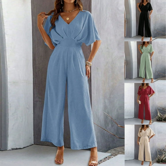 Women'S Summer Casual Jumpsuit Short Sleeve Romper V Neck Wide Leg Pants With Pockets 2024 Black,Blue,Beige,Wine,Green S,M,L,XL