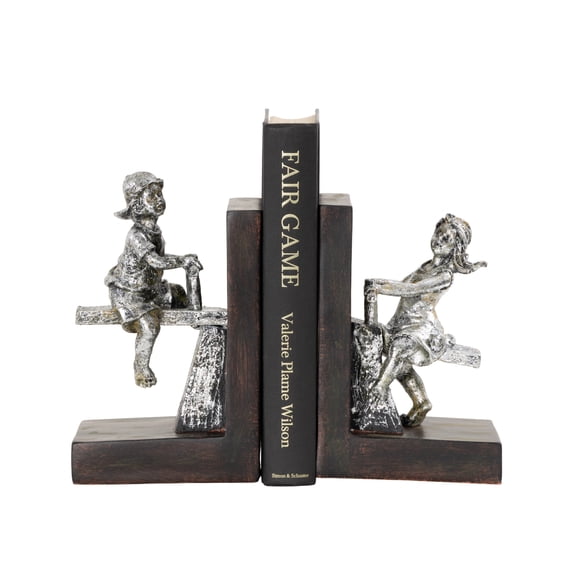DecMode 4" People Brown Polystone Bookends with Swing Set (Set of 2)