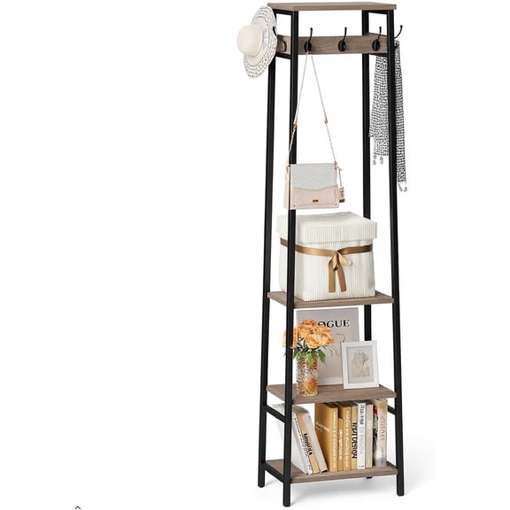 Coat Rack Freestanding, Coat Stand with 3 Shelves and 7 Hooks, Hall Tree Free Standing, Clothes Rack Stand Organizer, Industrial Style, Greige and Black