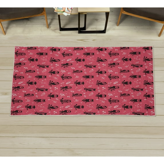 Owl Decorative Rug, Cartoon Style Illustration of Birds on the Branches Mysterious Woods Print, Quality Carpet for Bedroom Dorm and Living Room, 6 Sizes, Hot Pink, by Ambesonne