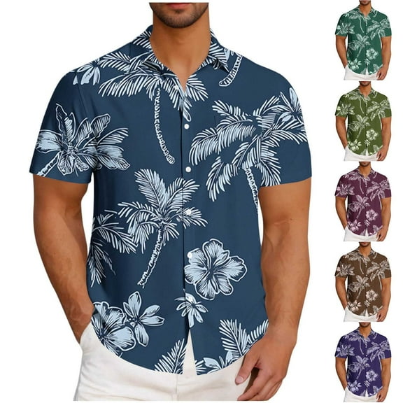 ZRGHAOYLQ Men's Slim Fit Palm Tree Printed Hawaiian Button-Down Dress Shirt Short Sleeve Lapel Beach Tshirts Plus Size Summer Tropical Vacation Shirts
