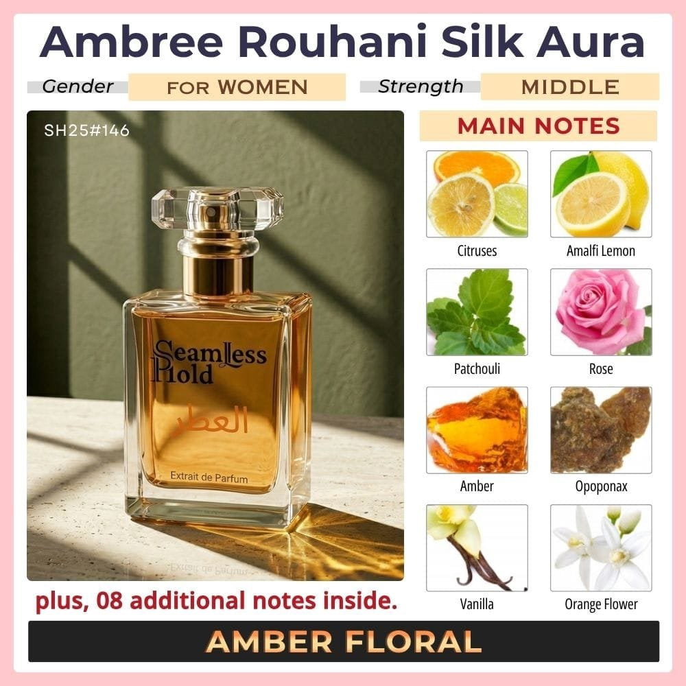 Seamless Hold Ambree Rouhani Silk Aura Amber Rose Patchouli Perfume for Women Parfum | Inspired Luxury Fragrance | Long-Lasting Scent - 1 oz (30 ml)