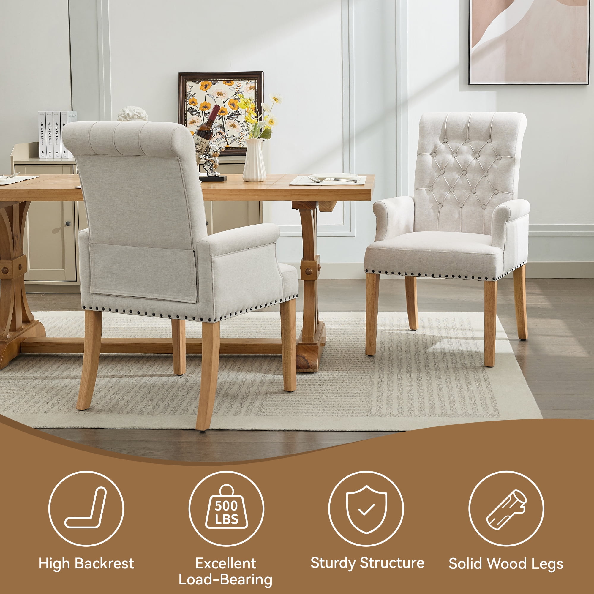 Fabric Upholstered Dining Chair with Arms, Tufted High Back Accent Coffee Armchair for Kitchen Dining Room Living Room, Beige