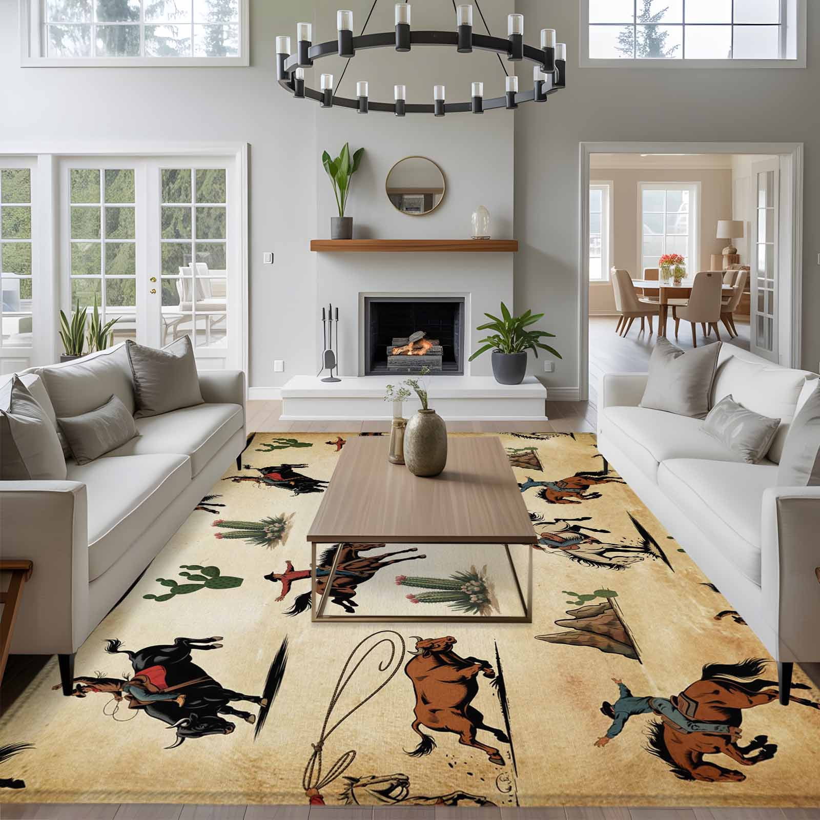 Large Area Rugs for Living Room Bedroom, Western Cowboys 5'x8' Rug Washable Carpet Runner Indoor Outdoor, Brown Vintage Country Cactus Non Slip Floor Mats Rug for Kitchen, Bathroom