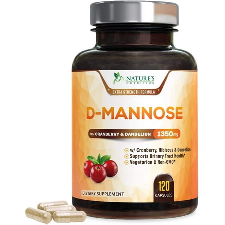 Nature's Nutrition D-Mannose Capsules with Cranberry for UTI, Bladder, & Urinary Tract Health, 1400mg, 120 Ct.