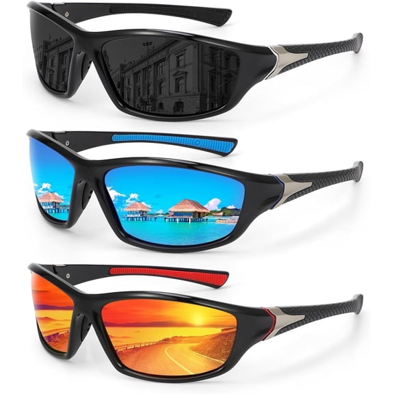 VETPW Men's Sports Sunglasses, 3-Piece Polarized Fishing Glasses, UV400 Cycling Driving Glasses for Men Women
