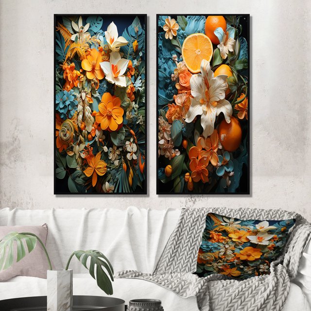 Designart "Tropical Tangle Orange Blue painting II" Abstract Collages Framed Wall Art Set Of 2 - Multi-Color Abstract Framed Canvas Set For Living Room Decor