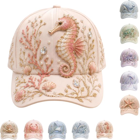 3D Ocean Creatures Embroidery Cap, Adjustable Cotton Baseball Cap with Raised Marine Animal Embroidery