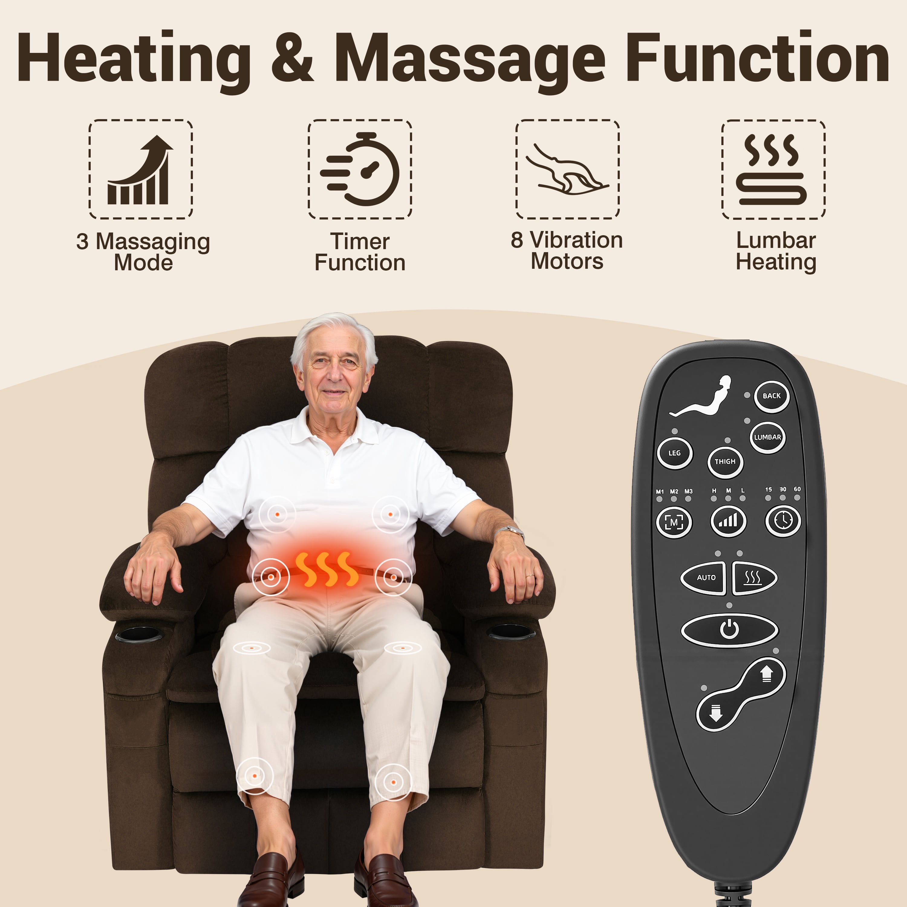 Oversized Power Lift Recliner, LEGAHOME 26in Large Wide Lift Chair for Elderly, Massage Recliner with Heat for Big and Tall Adults, Living Room Recliner Chair with Cup Holders, Brown