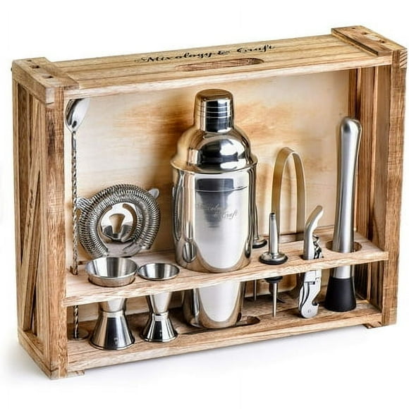 Mixology Bartender Kit: 11-Piece Bar Tool Set with Rustic Wood Stand Perfect Home Bartending Kit and Cocktail Shaker Set for a True Drink Mixing Experience Fun Housewarming Gift Idea (Silver)