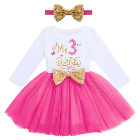 

IBTOM CASTLE Baby Girls My 1st 2nd 3rd Birthday Polka Dots Dress with Headband Long Sleeve Sequin Princess Tutu Cake Smash One Party Gown 3 Years Hot Pink