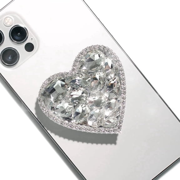 Rosliny Adhesive-type Cute Cubic Diamond Heart Shape Design Collapsible Mobile Phone Grip Stand Holder for Smartphone Tablet Cell Phone Accessory (Silver Big)