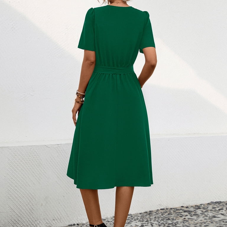 Fartey Women's Formal Dresses 2025 Summer Short Sleeve Tie Waist A-Line Swing Dress Business Casual Solid Color V Neck Midi Dress Elegant Work Dress
