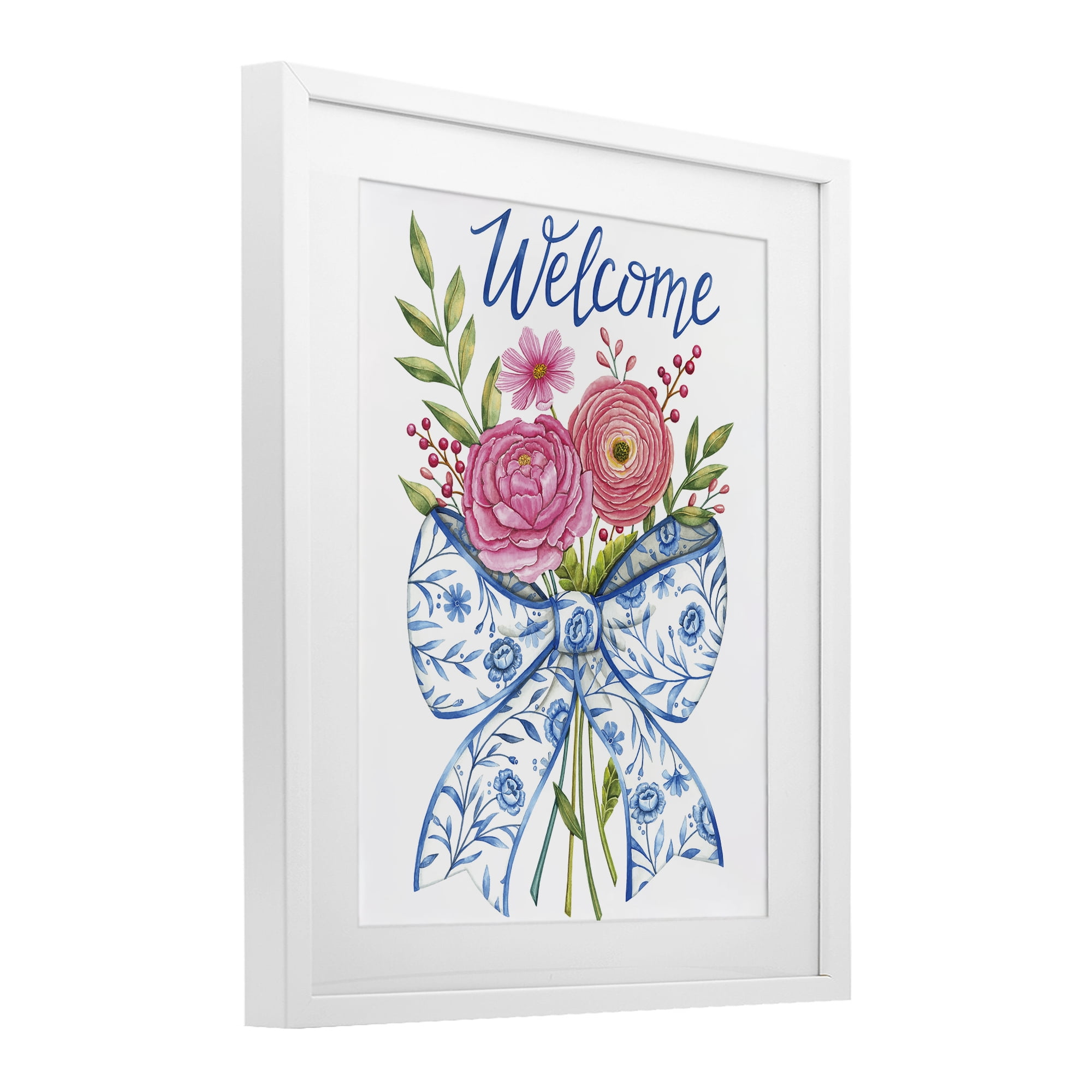 Stupell Industries Bow & Flowers Welcome White Framed Print Under Glass, design by Deb Strain