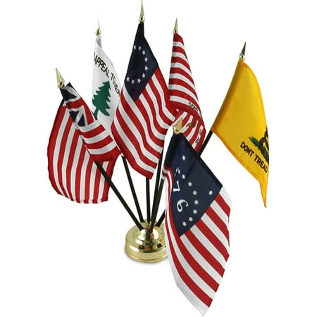 Historical Tea Party Gadsden Miniature Flag Desk Set Table Stick Gold Base