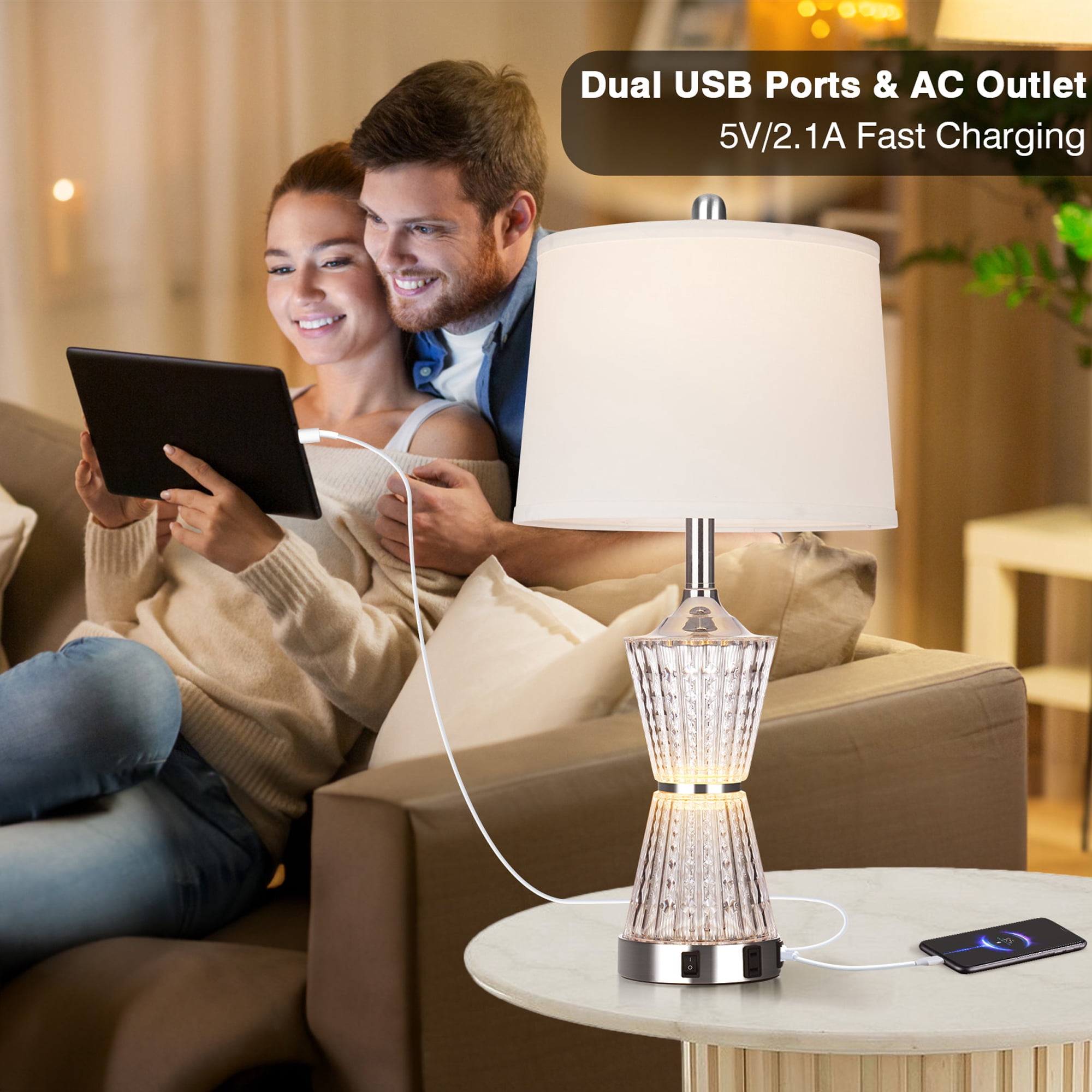 Cinkeda Acrylic Table Lamps Set of 2 with Night Light USB Ports AC Outlet Modern Nightstand Lamp for Living Room Bedroom(2 Bulbs)