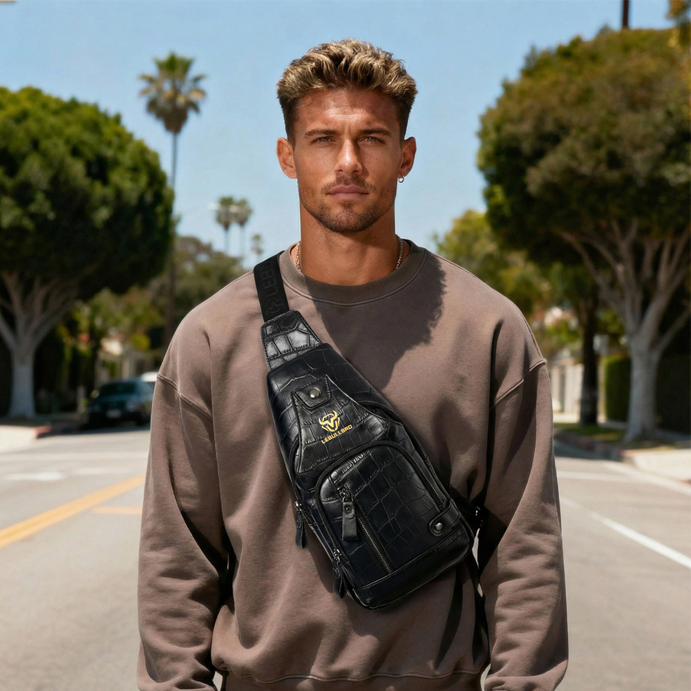 LEBULLBRO Sling Bag for Men Genuine Leather Chest Bag Crossbody Backpack Travel Hiking Outdoor Sports Alligator Pattern Cowhide