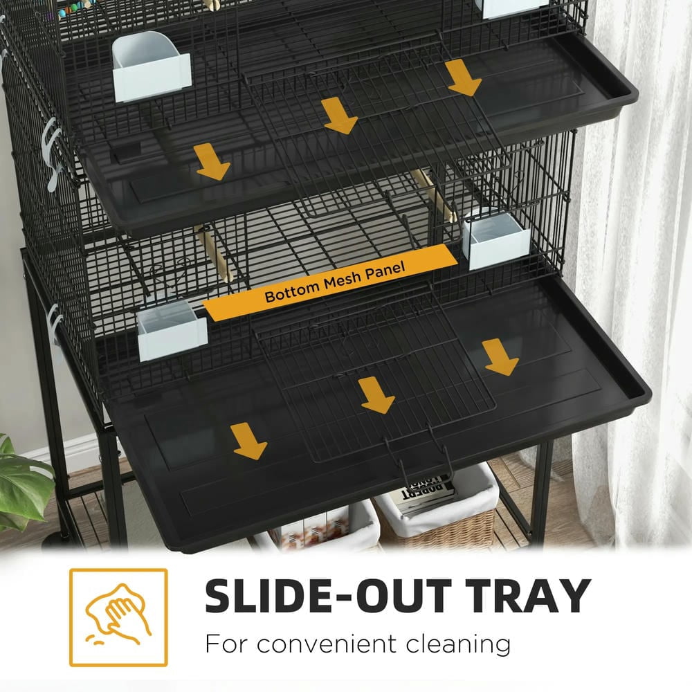 Spaco Double Stackable Bird Cage on Wheels w/ Stand, Bird Cage for Canaries, Black