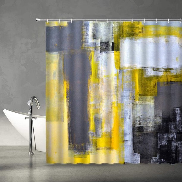 Gray and Yellow Shower Curtain Abstract Art Grunge Style Brushstrokes