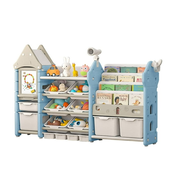 UNICOO® Kids Toy Storage Organizer and Children Bookshelf, with 14 Bins, Pull-Out Drawers Multipurpose Shelf for Toddlers to Organize Toys and Books (Magic Castle ? Blue)