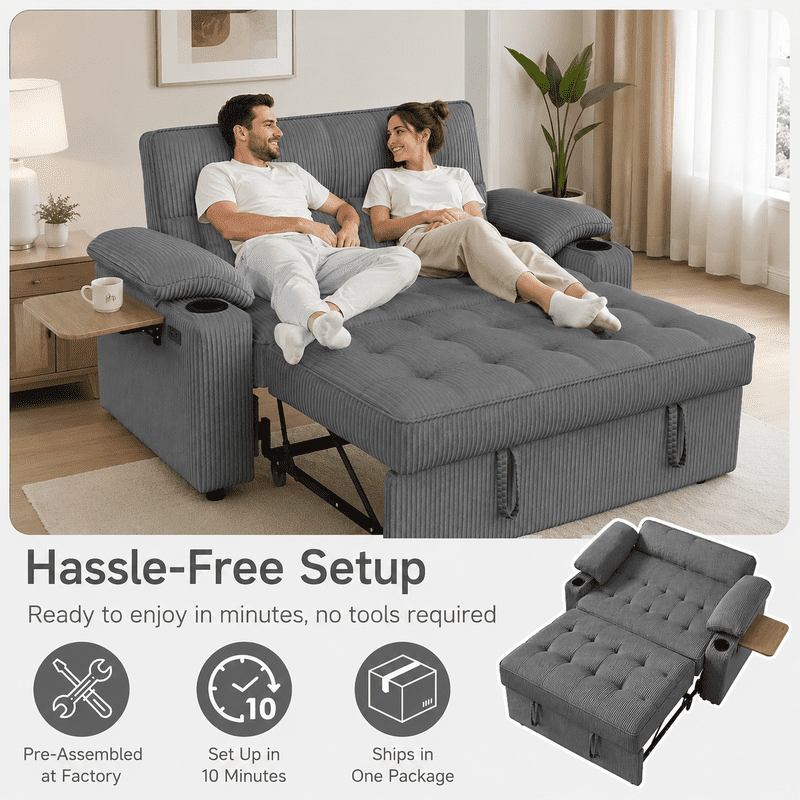 58" Sleeper Sofa Bed, Full Size Pull Out Couch, Convertible Loveseat Sofa with 5-Level Adjustable Backrest, USB Charging Ports, Cup Holders & Foldable Side Table, for Living Room, Apartment & Office