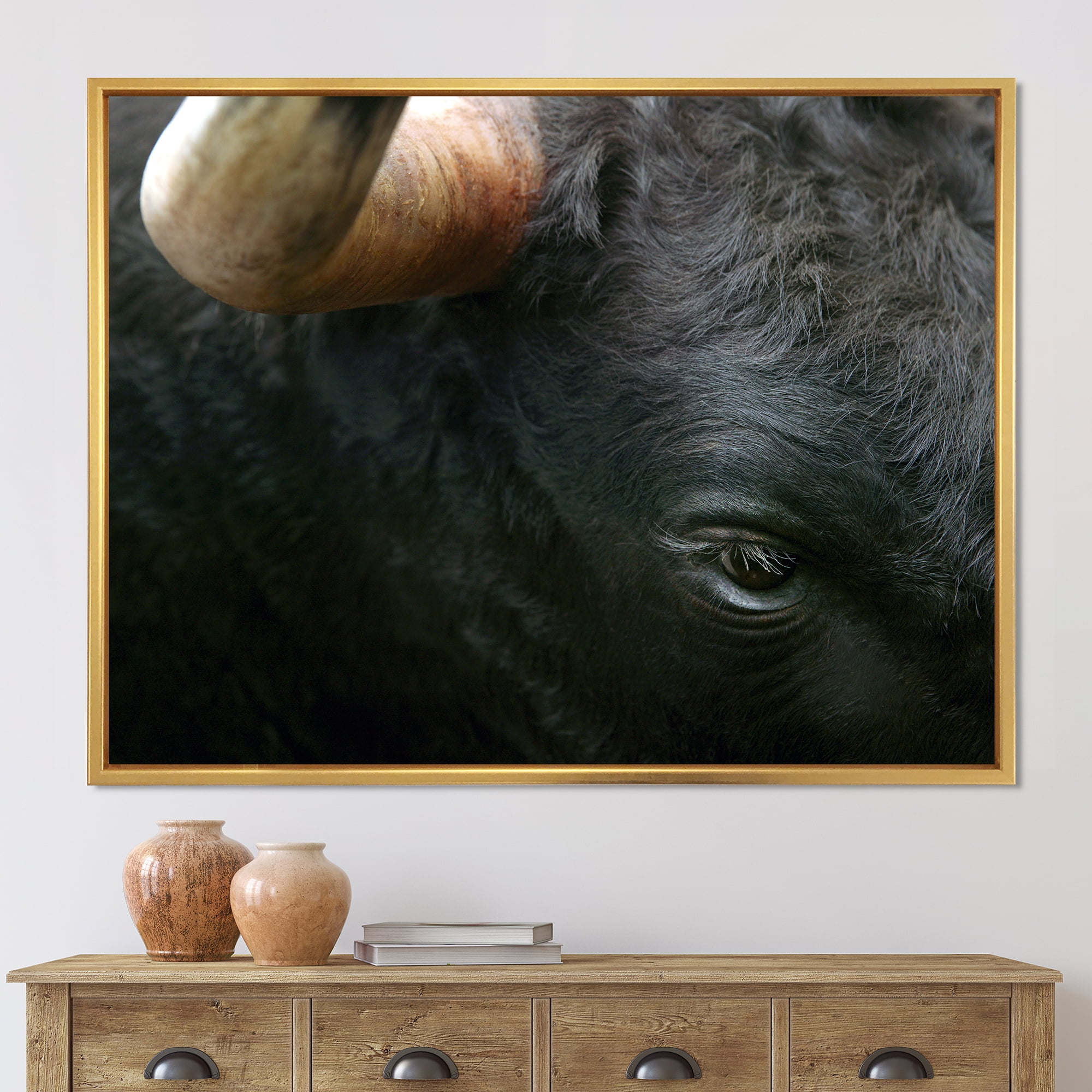 Close-Up Of Eye Fighting Bull Head 32 in x 24 in Framed Painting Canvas Art Print, by Designart